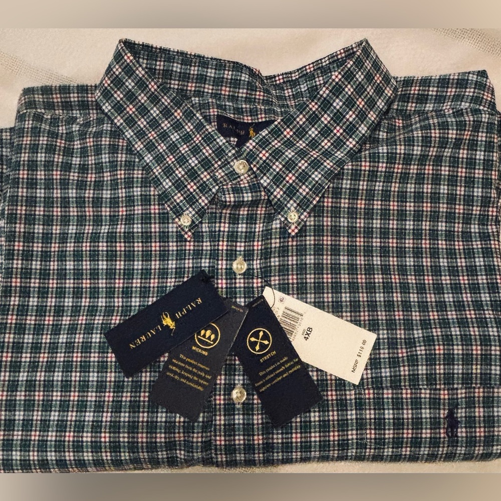 Ralph Lauren Shirt Mens 4XLB Green Plaid Performance Long Sleeve Button Up